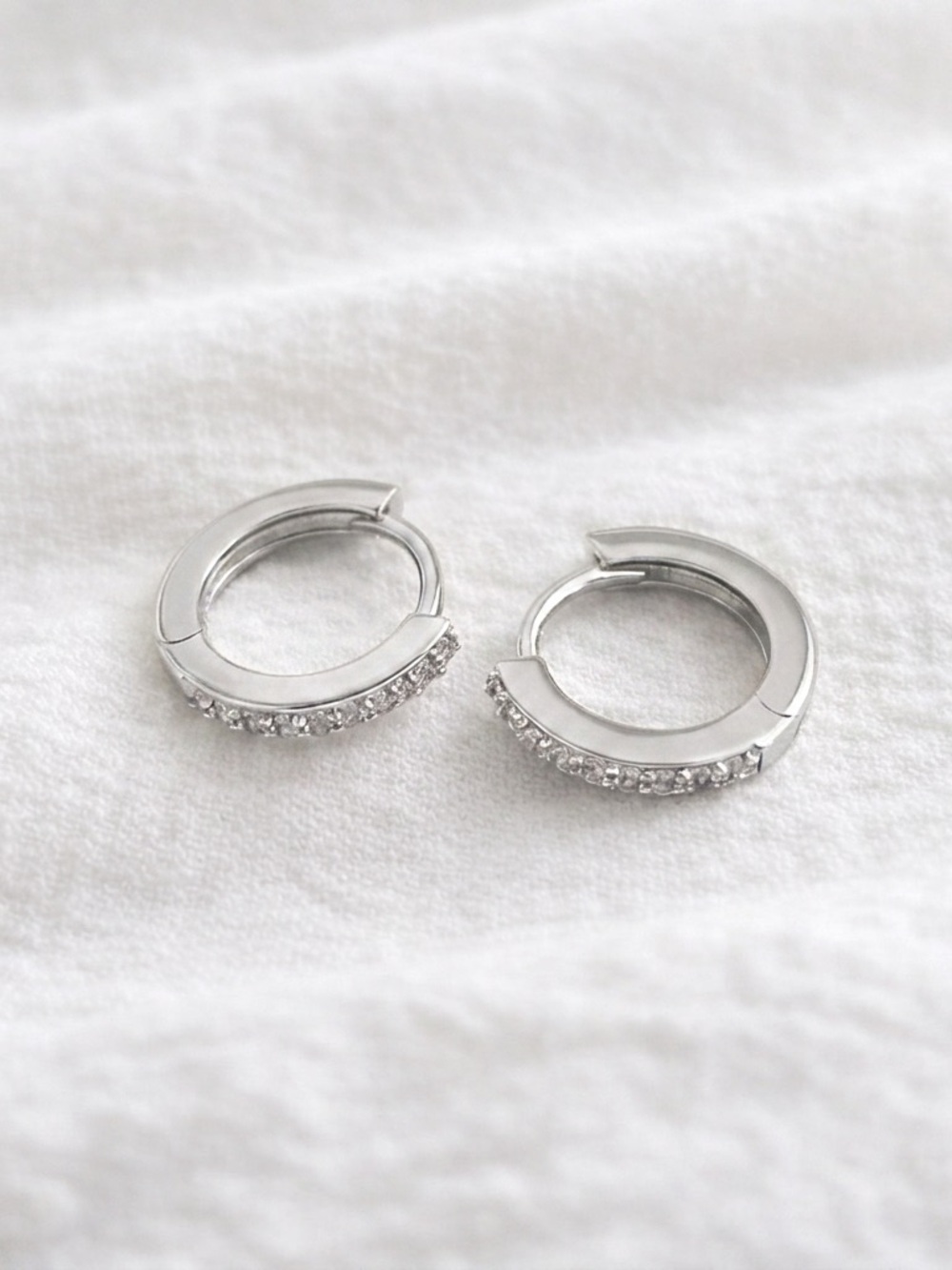 Silver plated stainless steel cubic zirconia Huggies hoop earrings - Picture 5 of 5